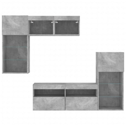 Mobili TV a Muro con LED 5pz Grigio Cemento Legno Multistrato