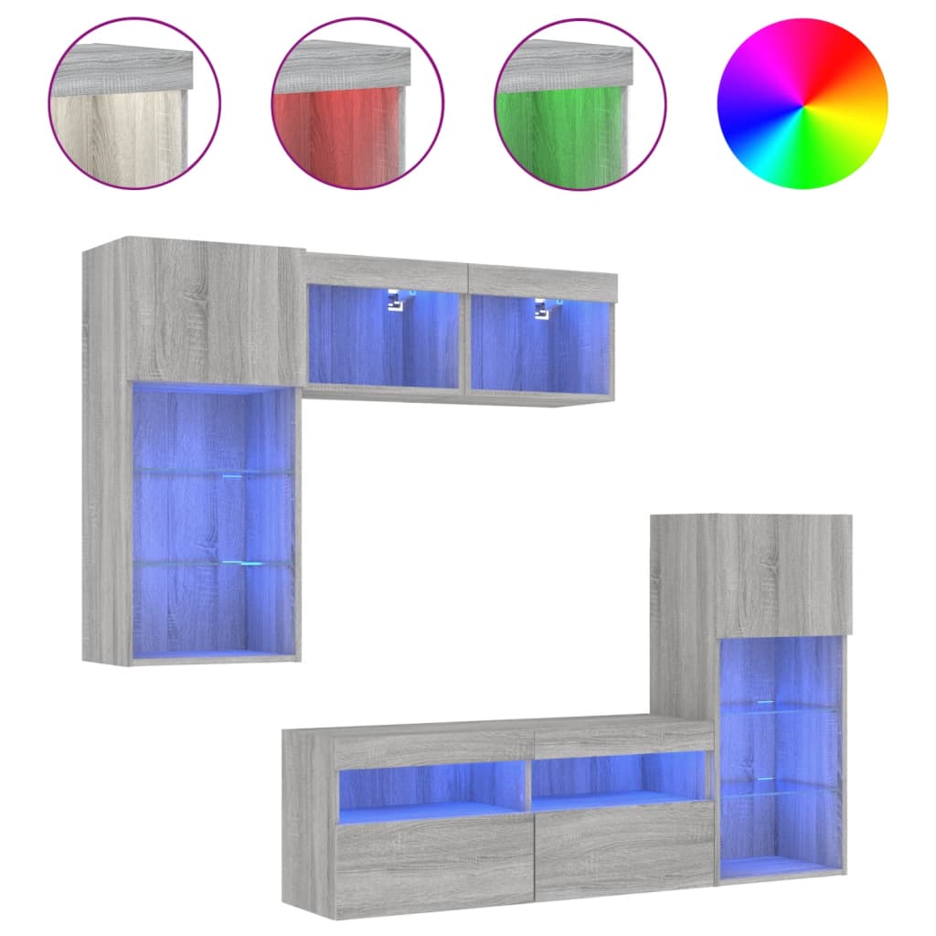 Mobili TV a Muro con LED 5pz Grigio Sonoma in Legno Multistrato | homemem39