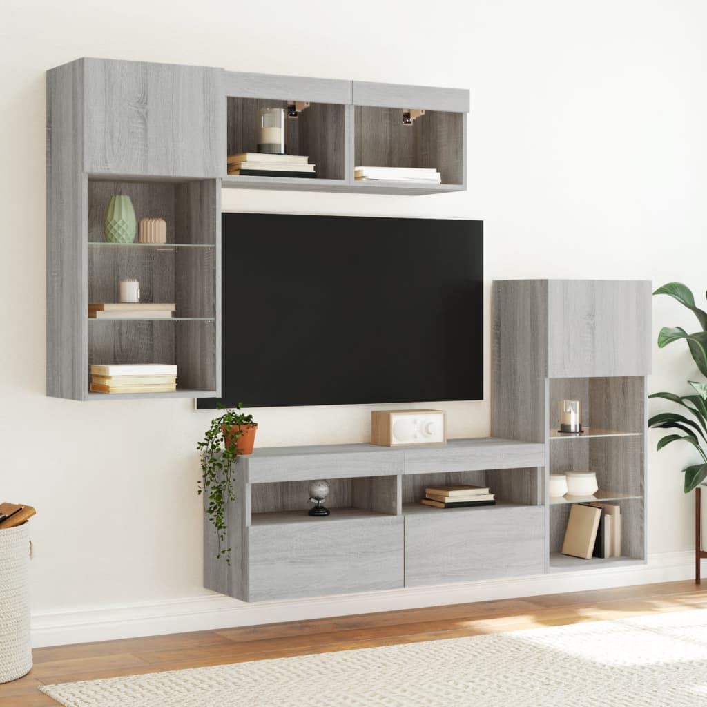 Mobili TV a Muro con LED 5pz Grigio Sonoma in Legno Multistrato | homemem39