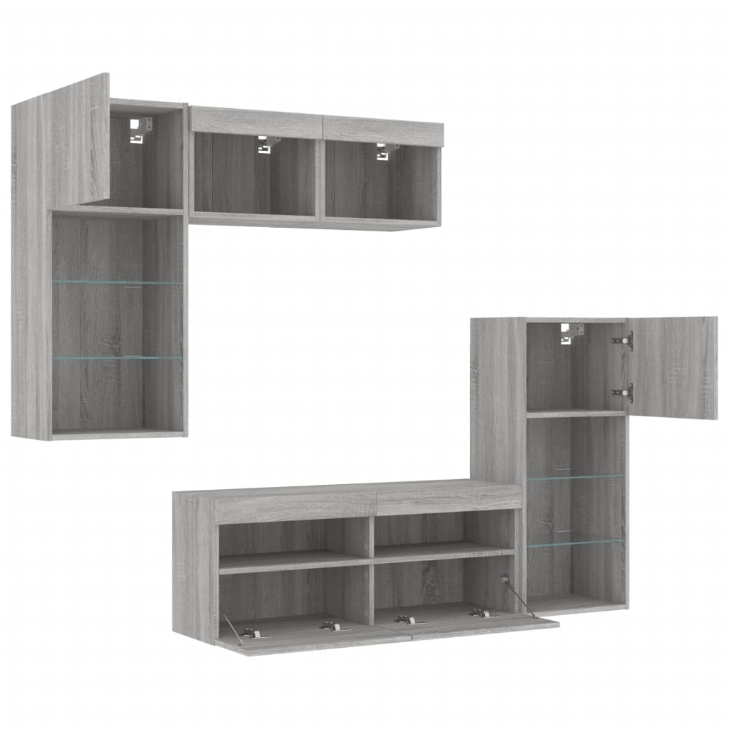 Mobili TV a Muro con LED 5pz Grigio Sonoma in Legno Multistrato | homemem39