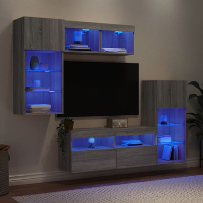 Mobili TV a Muro con LED 5pz Grigio Sonoma in Legno Multistrato | homemem39