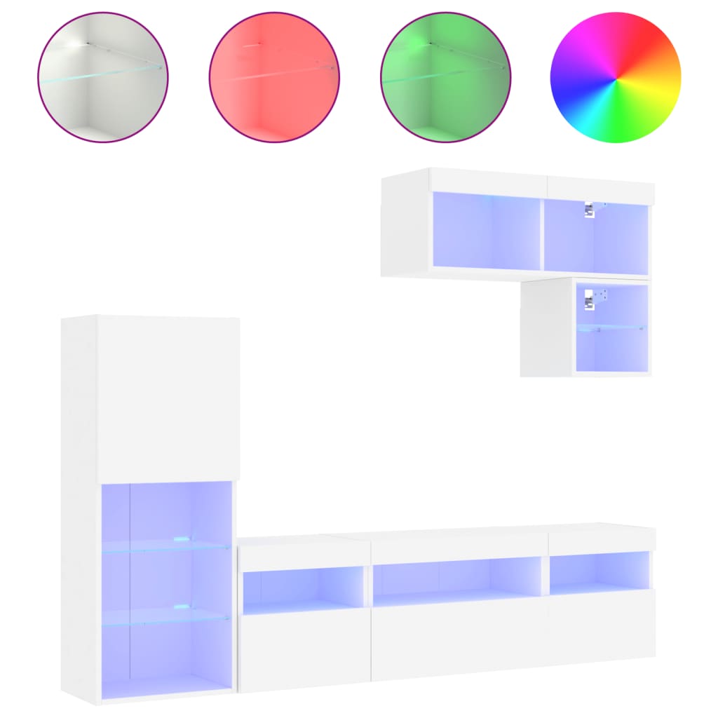 Mobili TV a Muro con LED 6pz Bianchi in Legno Multistrato | homemem39