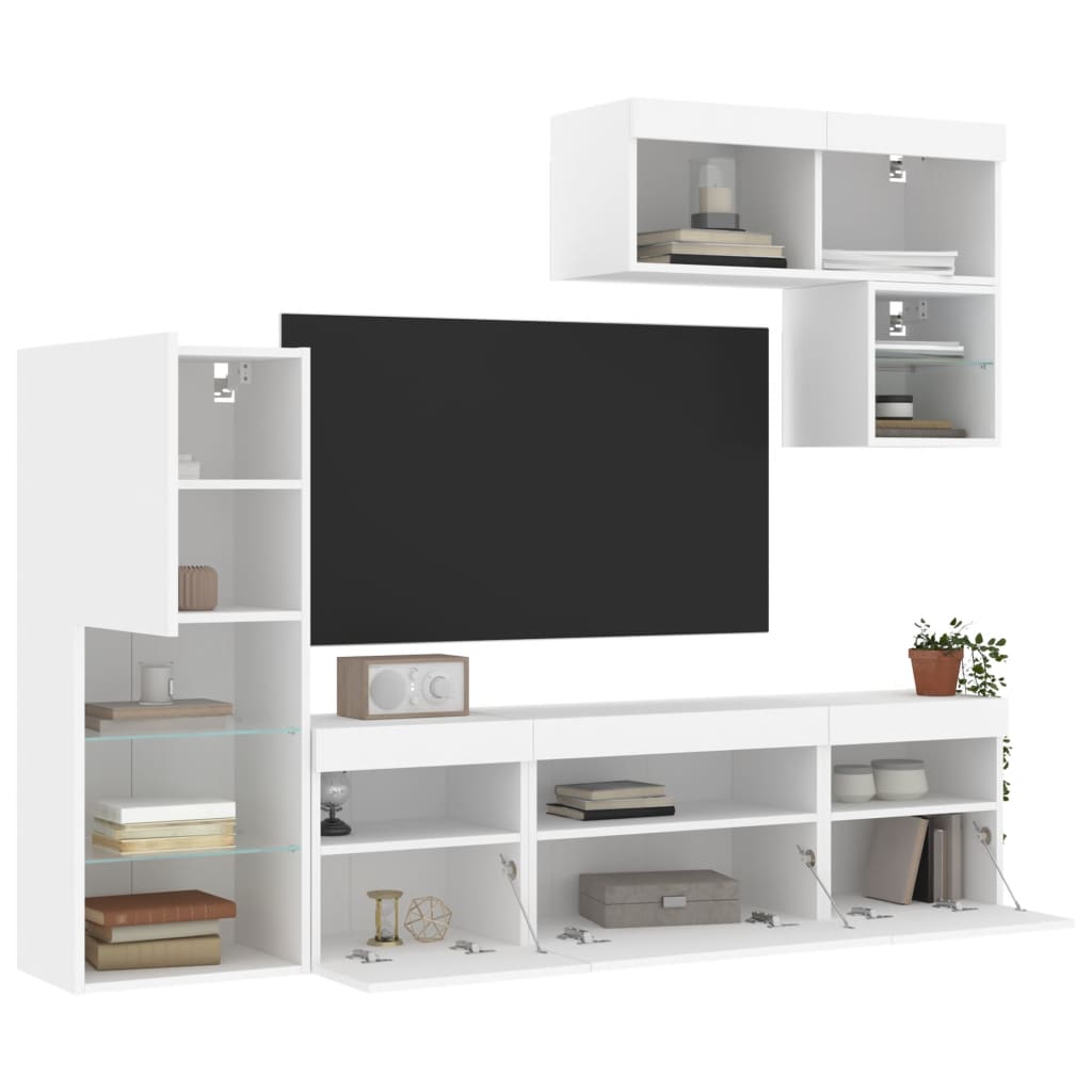 Mobili TV a Muro con LED 6pz Bianchi in Legno Multistrato | homemem39
