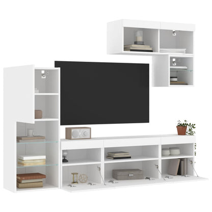 Mobili TV a Muro con LED 6pz Bianchi in Legno Multistrato | homemem39