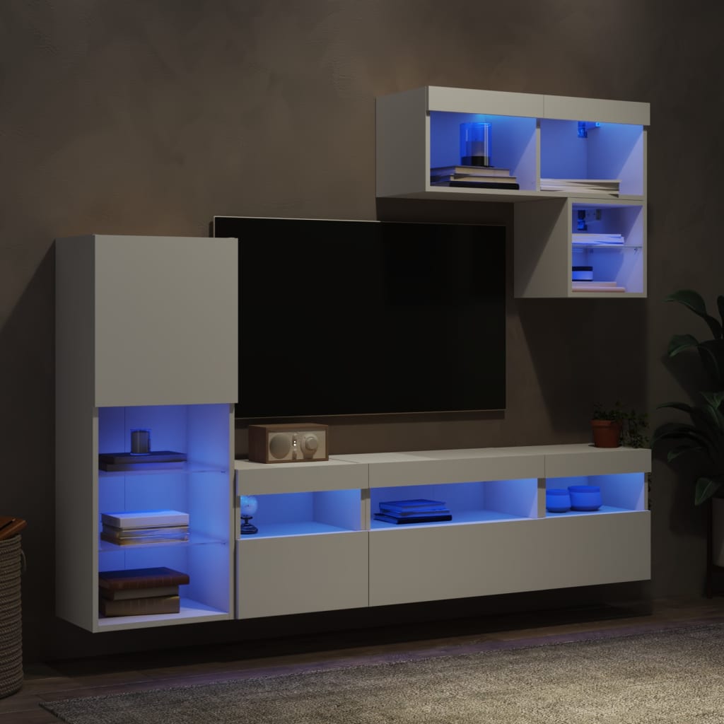 Mobili TV a Muro con LED 6pz Bianchi in Legno Multistrato | homemem39