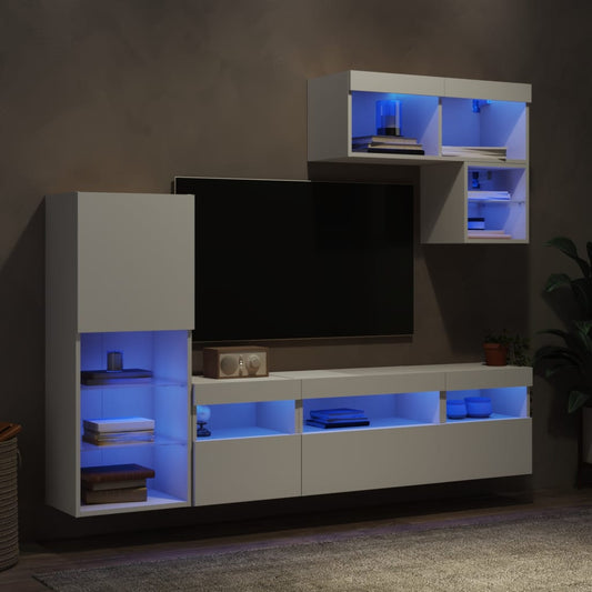 Mobili TV a Muro con LED 6pz Bianchi in Legno Multistrato | homemem39