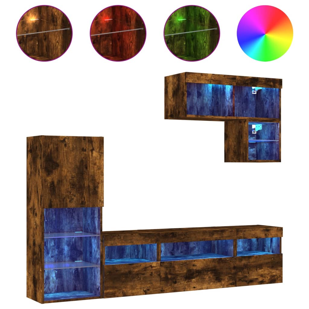 Mobili TV a Muro con LED 6pz Rovere Fumo in Legno Multistrato | homemem39