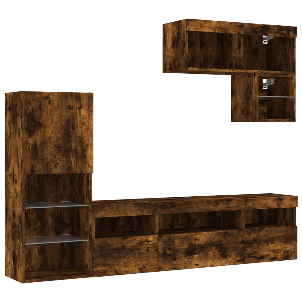 Mobili TV a Muro con LED 6pz Rovere Fumo in Legno Multistrato | homemem39