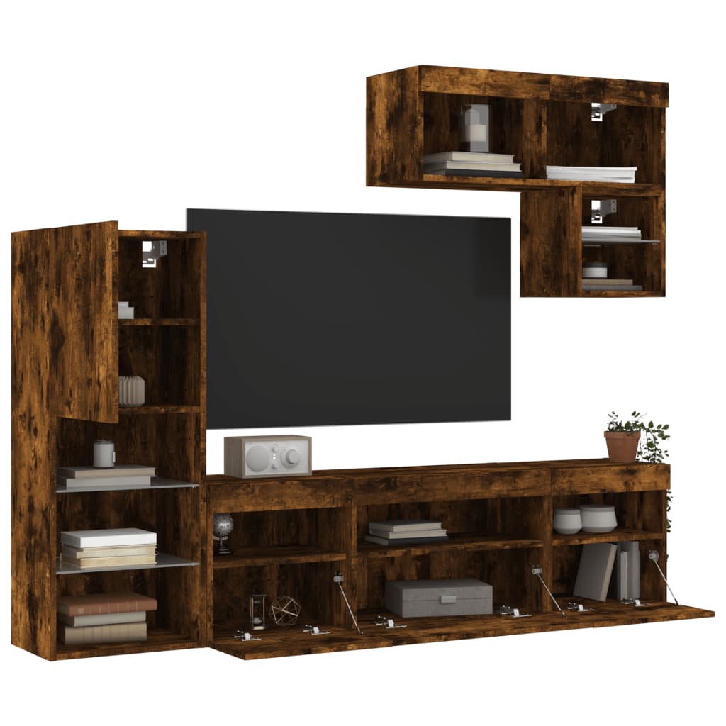 Mobili TV a Muro con LED 6pz Rovere Fumo in Legno Multistrato | homemem39