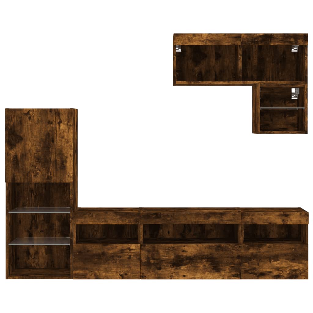 Mobili TV a Muro con LED 6pz Rovere Fumo in Legno Multistrato | homemem39