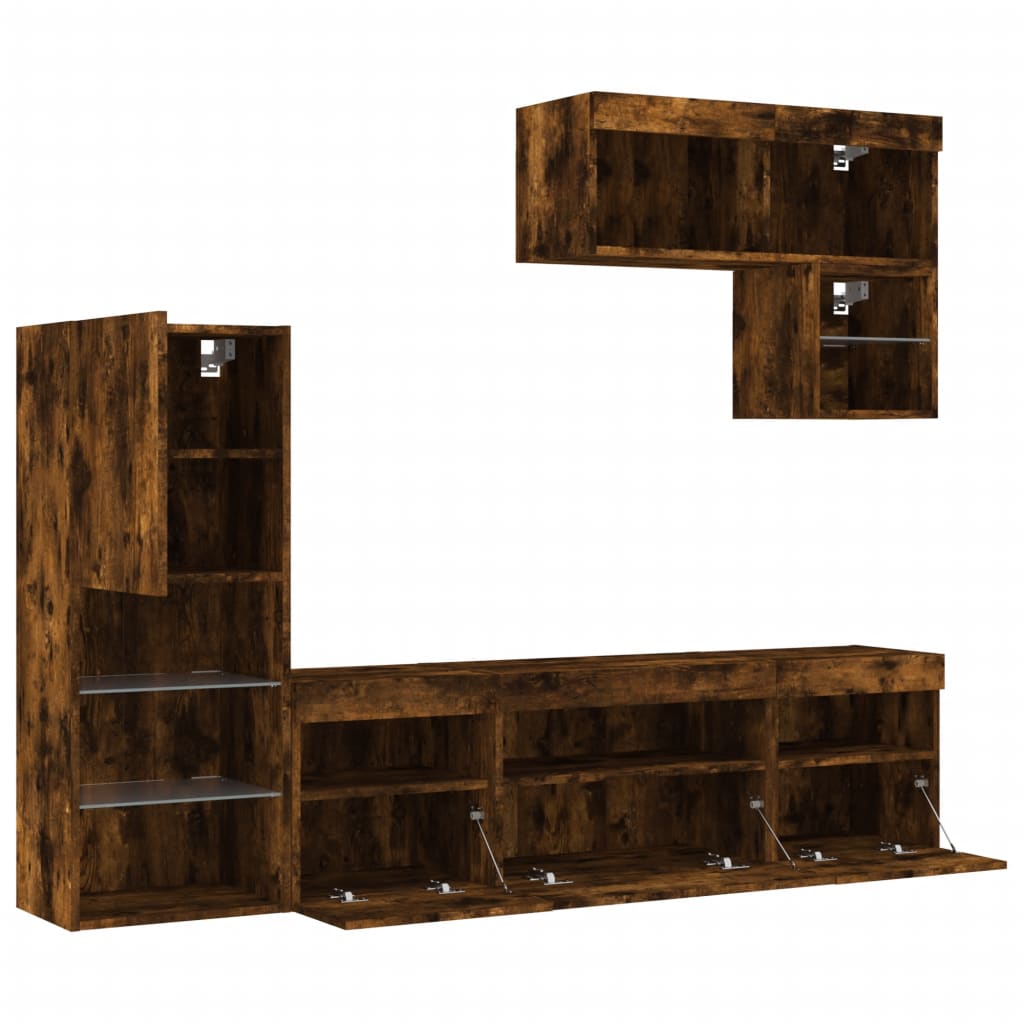 Mobili TV a Muro con LED 6pz Rovere Fumo in Legno Multistrato | homemem39