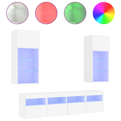 Mobili TV a Muro con LED 5pz Bianchi in Legno Multistrato
