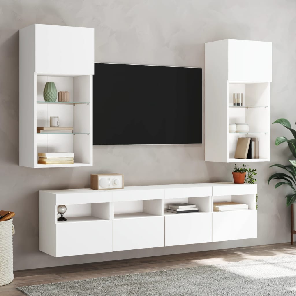 Mobili TV a Muro con LED 5pz Bianchi in Legno Multistrato
