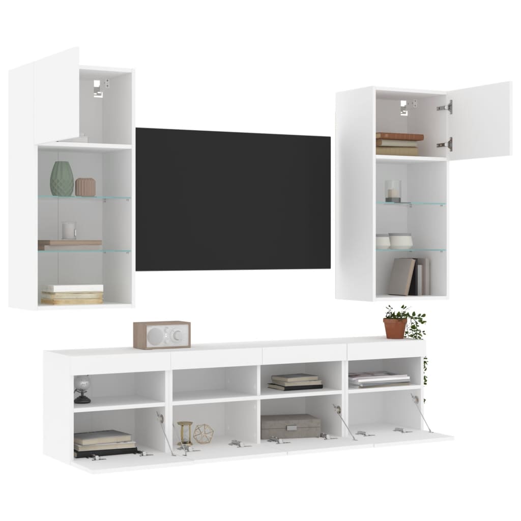 Mobili TV a Muro con LED 5pz Bianchi in Legno Multistrato | homemem39
