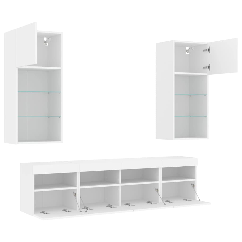 Mobili TV a Muro con LED 5pz Bianchi in Legno Multistrato | homemem39
