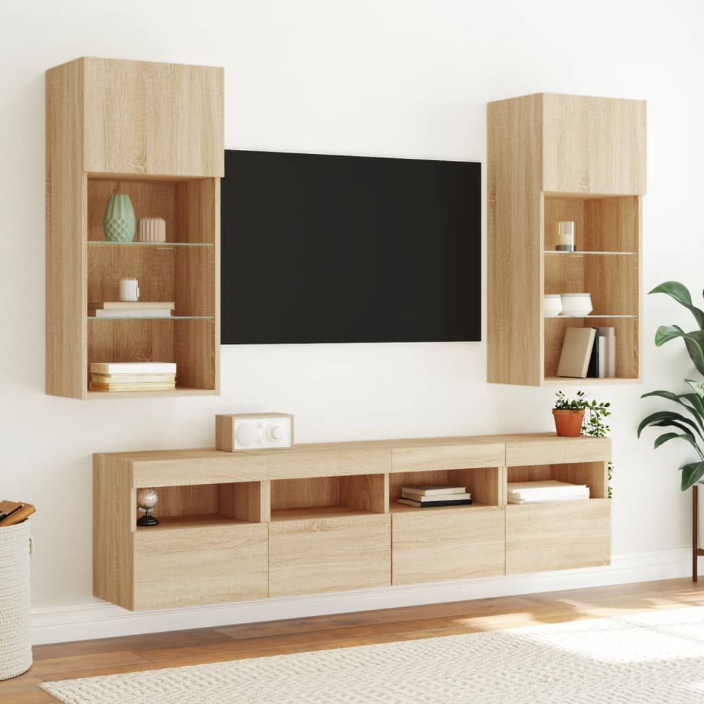 Mobili TV a Muro con LED 5pz Rovere Sonoma Legno Multistrato