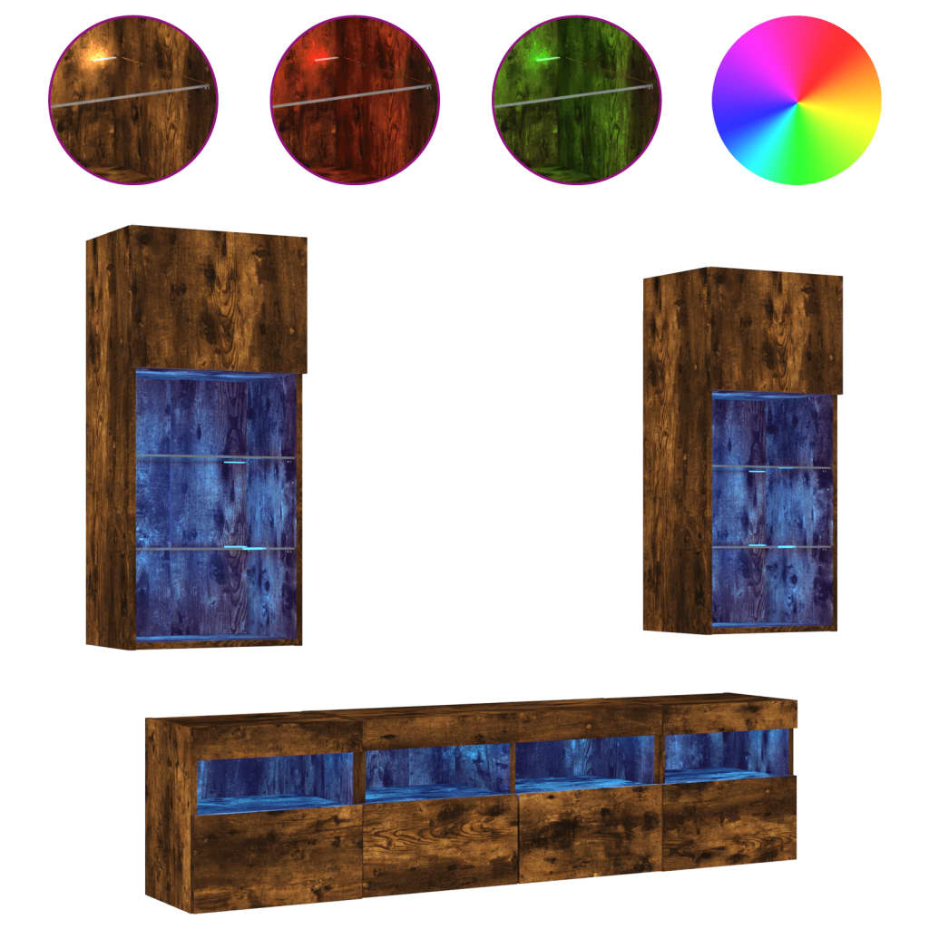 Mobili TV a Muro con LED 5pz Rovere Fumo in Legno Multistrato | homemem39