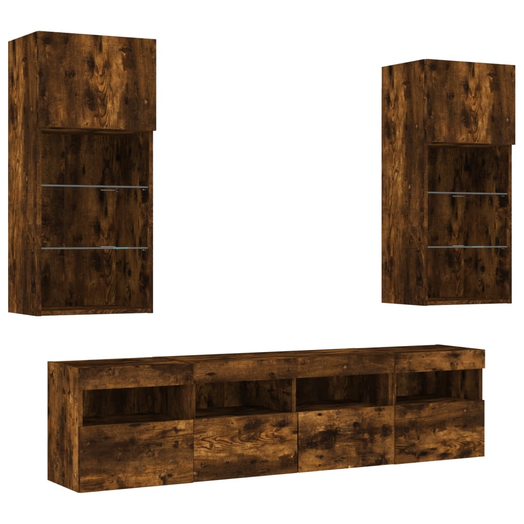 Mobili TV a Muro con LED 5pz Rovere Fumo in Legno Multistrato | homemem39