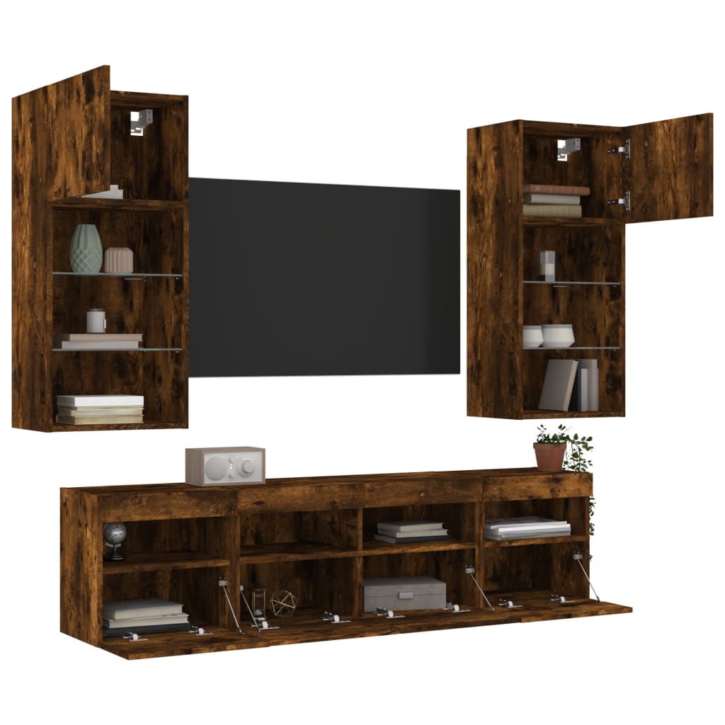 Mobili TV a Muro con LED 5pz Rovere Fumo in Legno Multistrato | homemem39