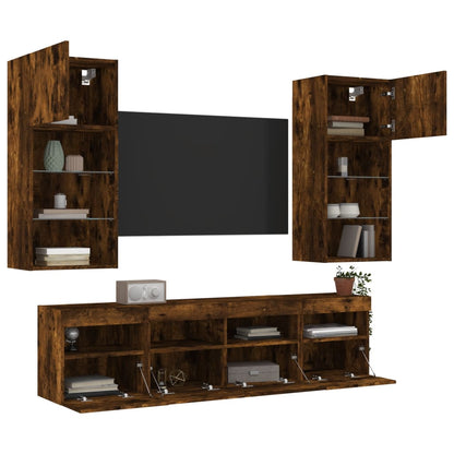 Mobili TV a Muro con LED 5pz Rovere Fumo in Legno Multistrato | homemem39
