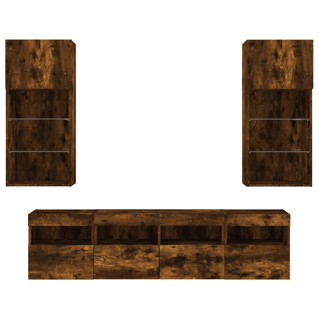 Mobili TV a Muro con LED 5pz Rovere Fumo in Legno Multistrato | homemem39