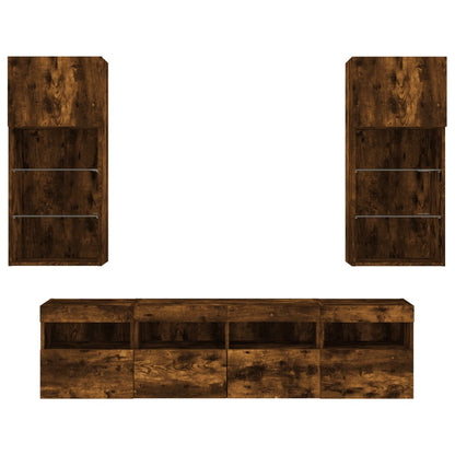 Mobili TV a Muro con LED 5pz Rovere Fumo in Legno Multistrato | homemem39