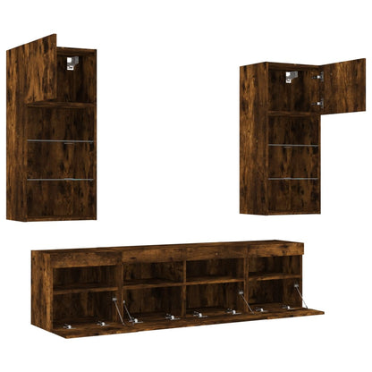 Mobili TV a Muro con LED 5pz Rovere Fumo in Legno Multistrato | homemem39