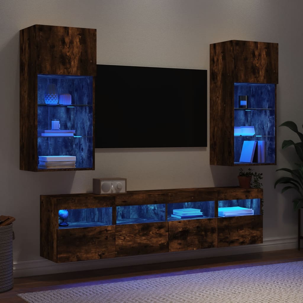 Mobili TV a Muro con LED 5pz Rovere Fumo in Legno Multistrato | homemem39