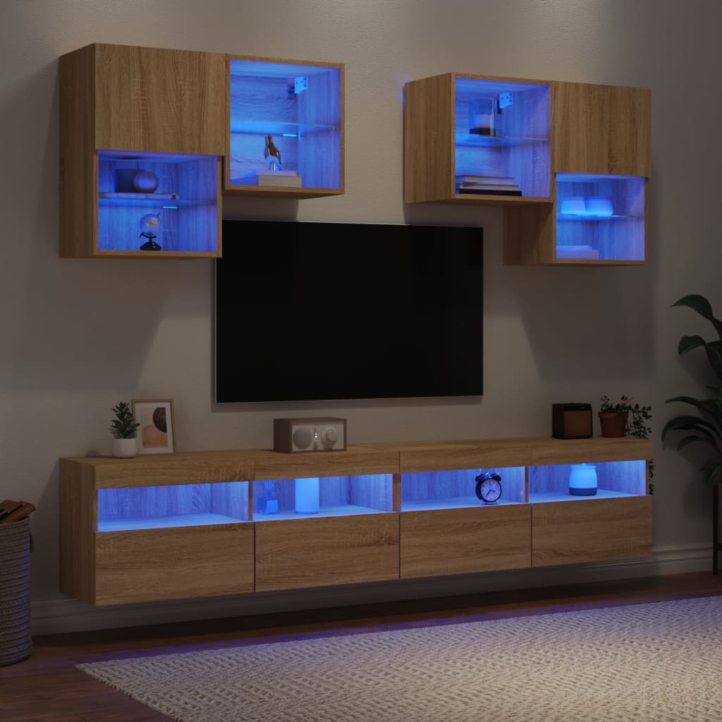 Set Mobili TV a Muro 6 pz con Luci LED Rovere Sonoma