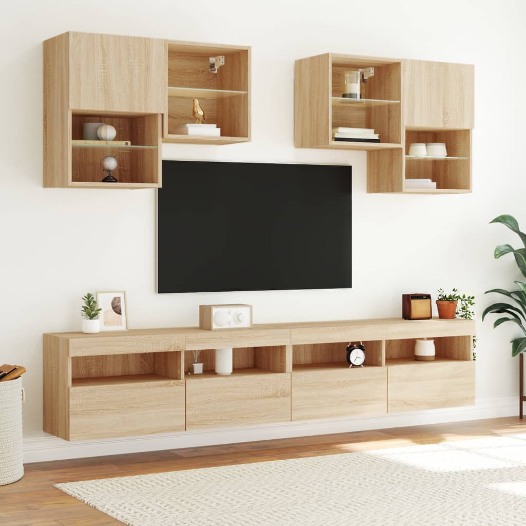 Set Mobili TV a Muro 6 pz con Luci LED Rovere Sonoma