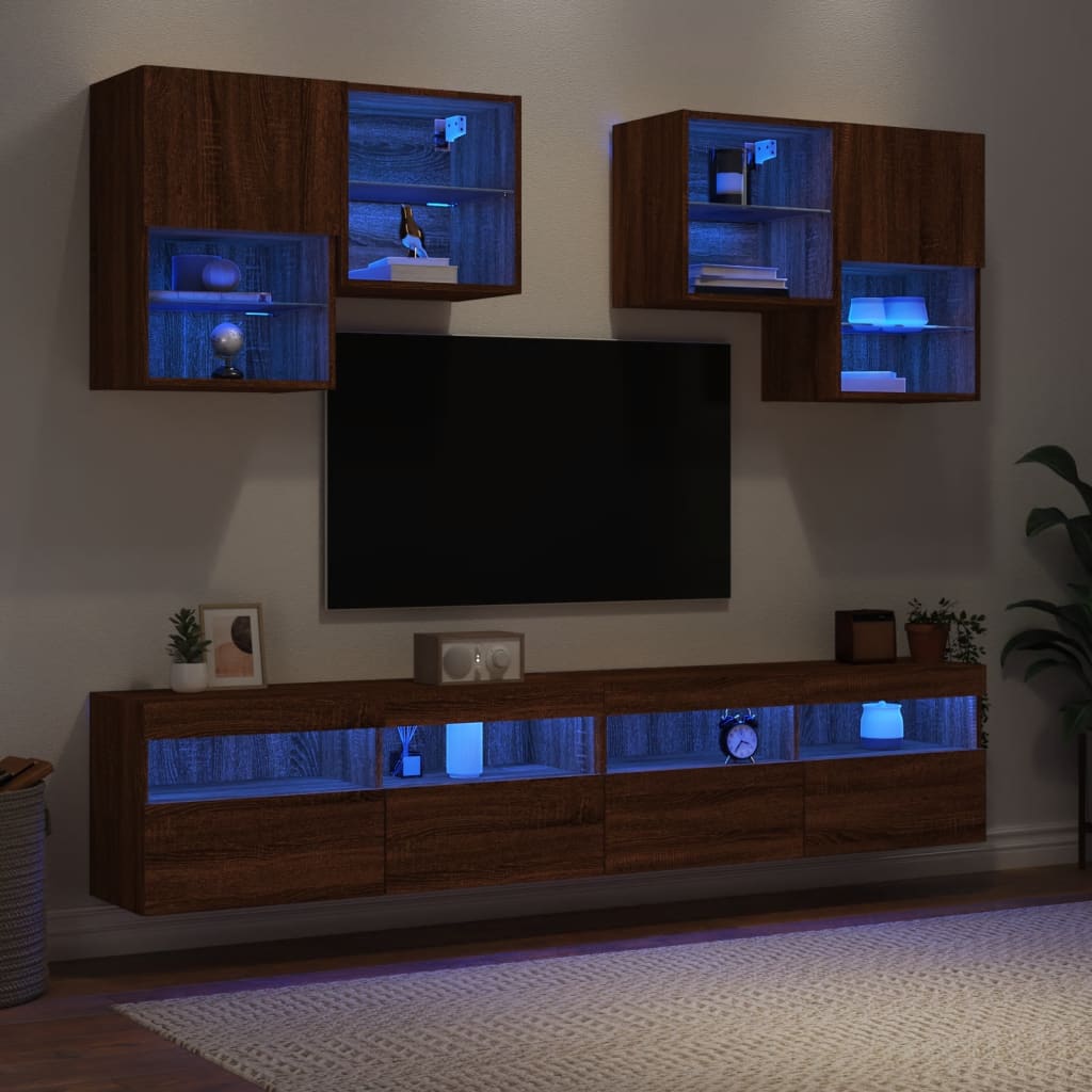 Set Mobili TV a Muro 6 pz con Luci LED Rovere Marrone