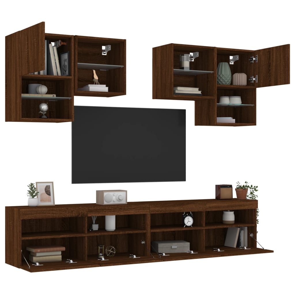 Set Mobili TV a Muro 6 pz con Luci LED Rovere Marrone