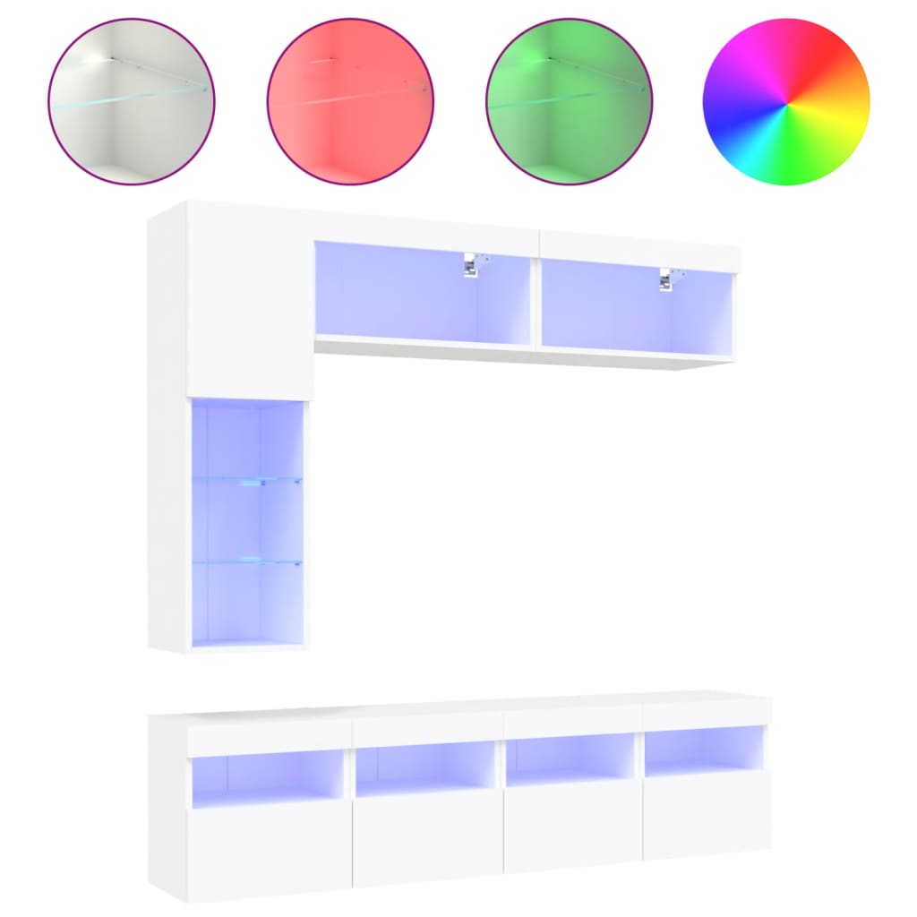 7 pc Wall Mounted TV Cabinet Set with White LED Lights