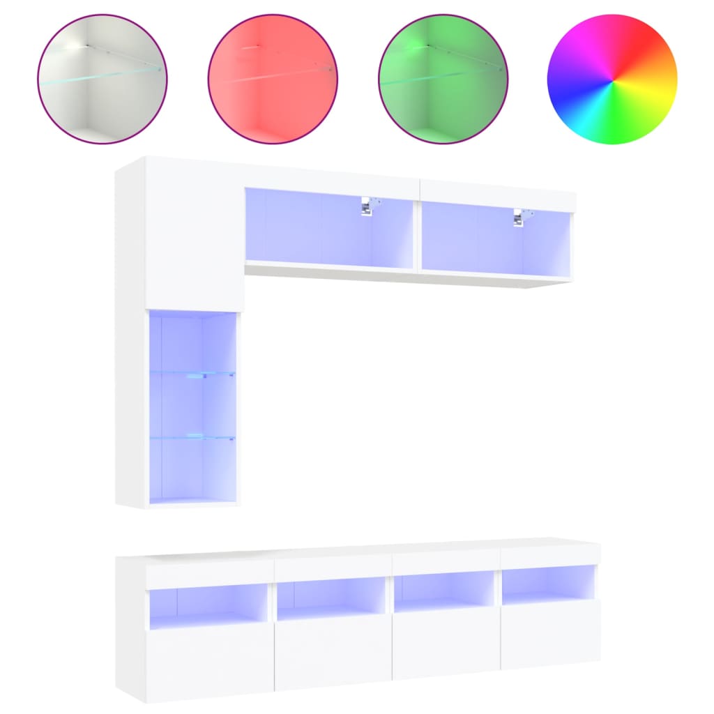Set Mobili TV a Muro 7 pz con Luci LED Bianco