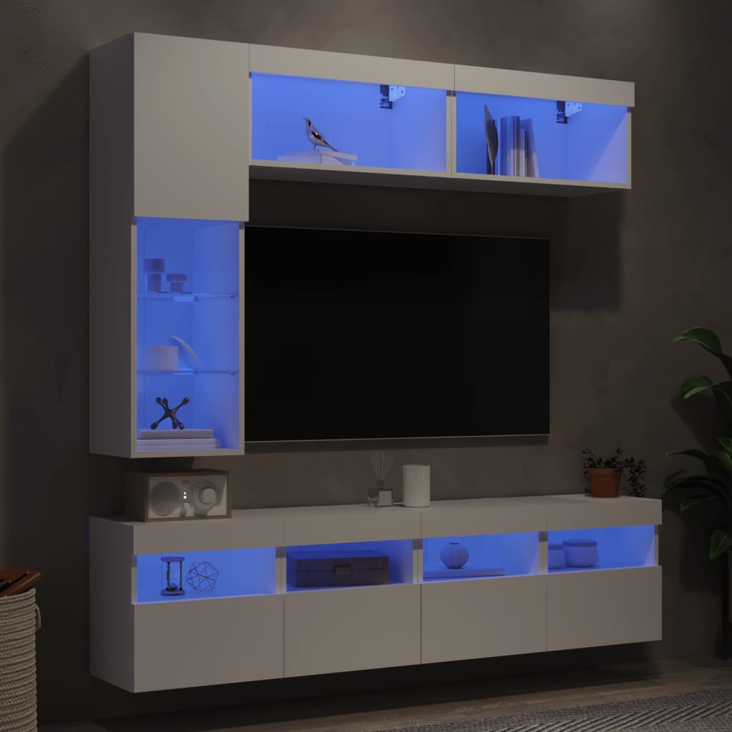 7 pc Wall Mounted TV Cabinet Set with White LED Lights