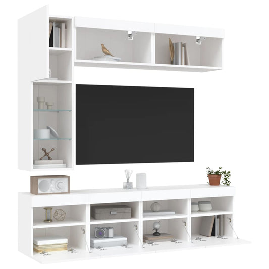 7 pc Wall Mounted TV Cabinet Set with White LED Lights