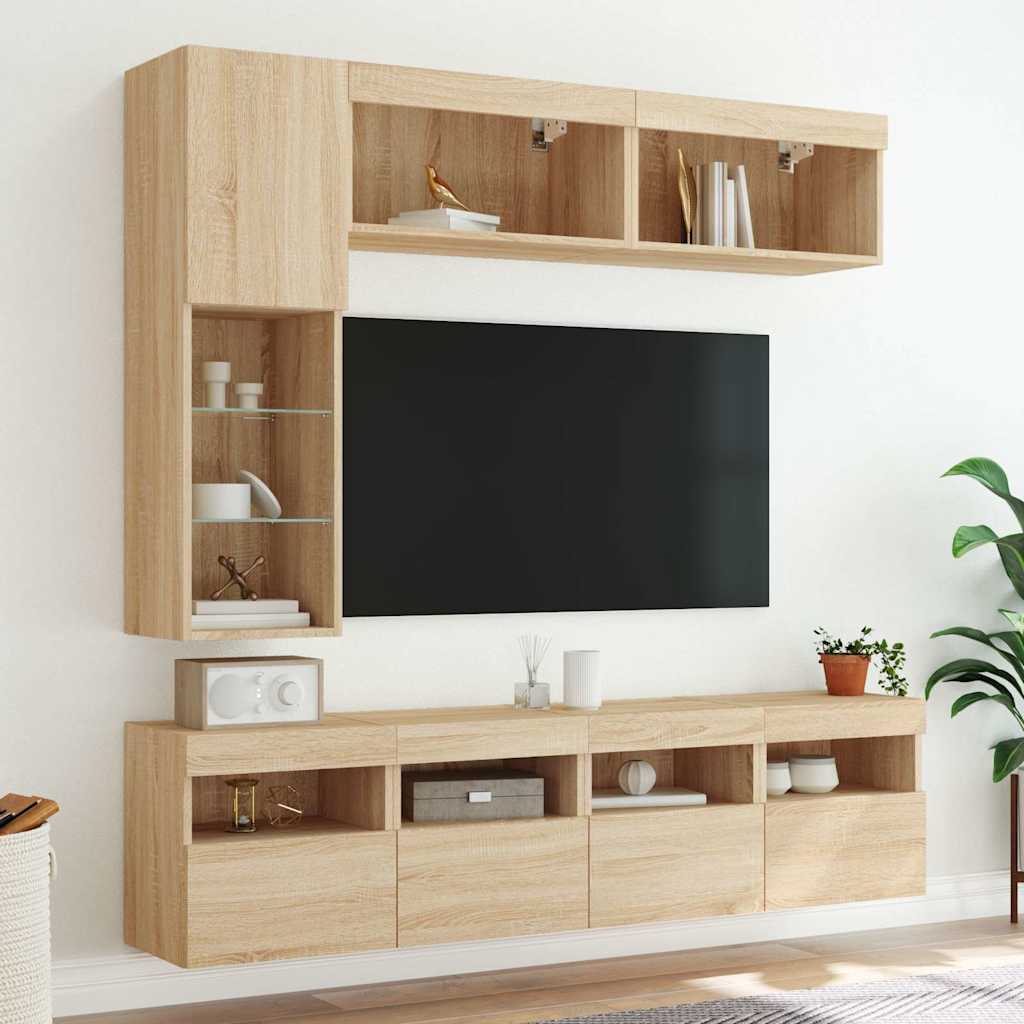 Set Mobili TV a Muro 7 pz con Luci LED Rovere Sonoma
