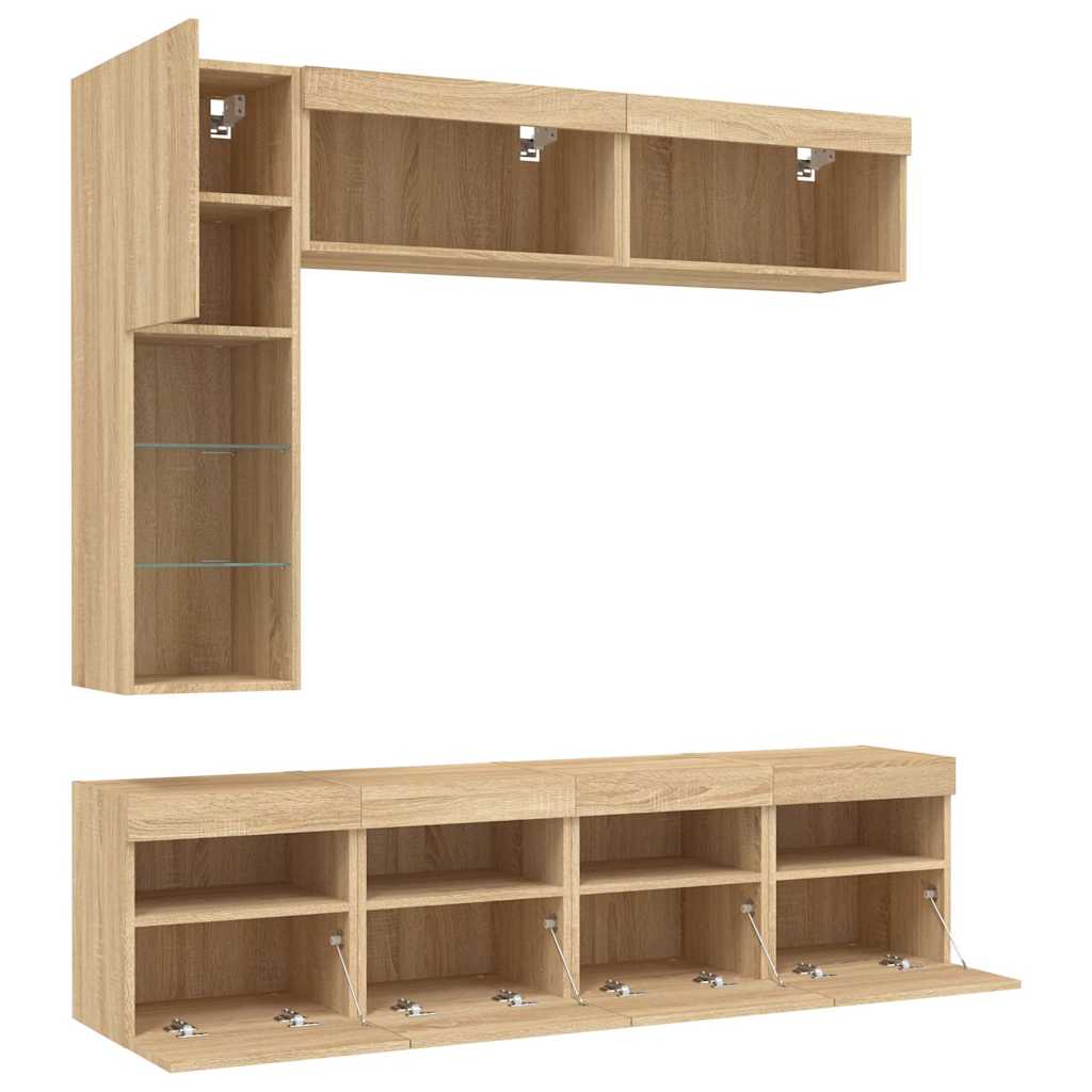 Set Mobili TV a Muro 7 pz con Luci LED Rovere Sonoma