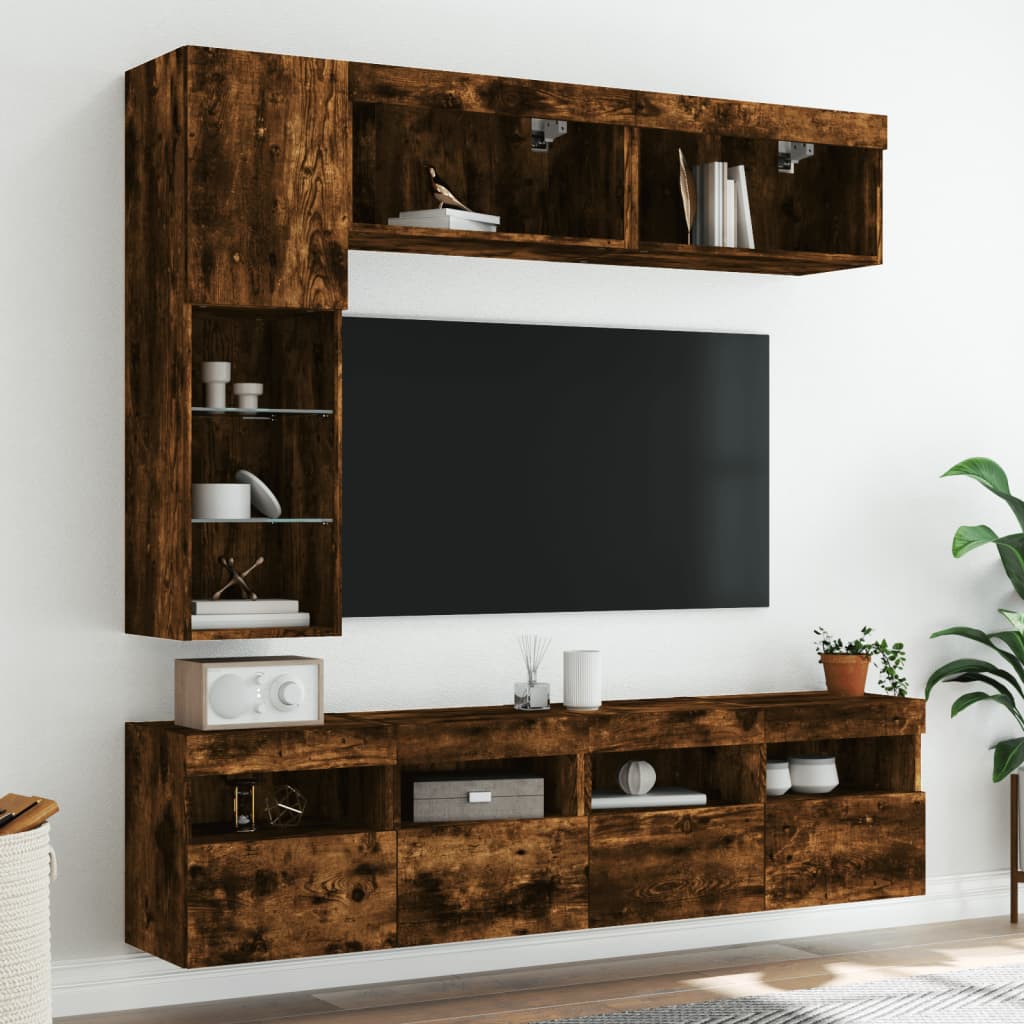 Set Mobili TV a Muro 7 pz con Luci LED Rovere Fumo