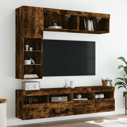 Set Mobili TV a Muro 7 pz con Luci LED Rovere Fumo