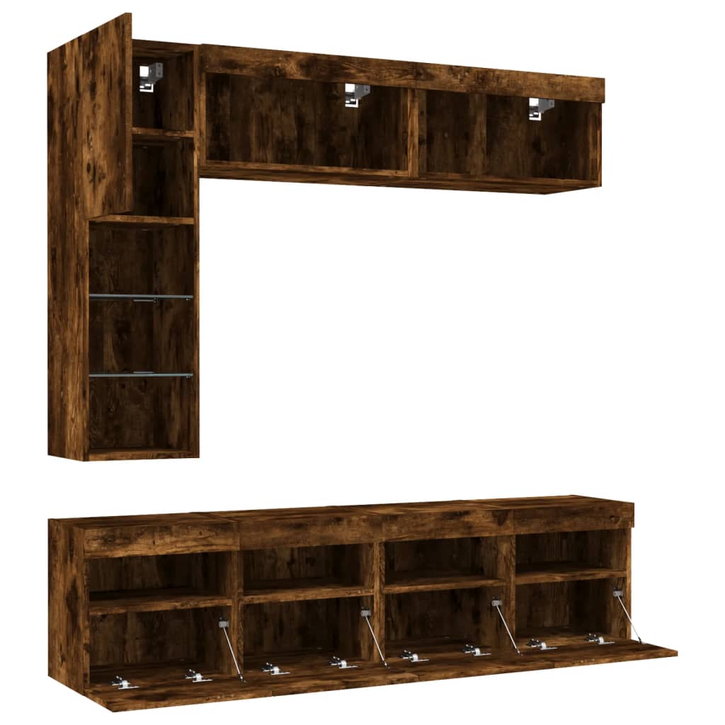 Set Mobili TV a Muro 7 pz con Luci LED Rovere Fumo