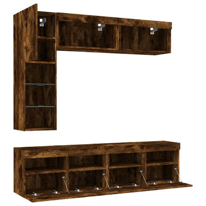 Set Mobili TV a Muro 7 pz con Luci LED Rovere Fumo