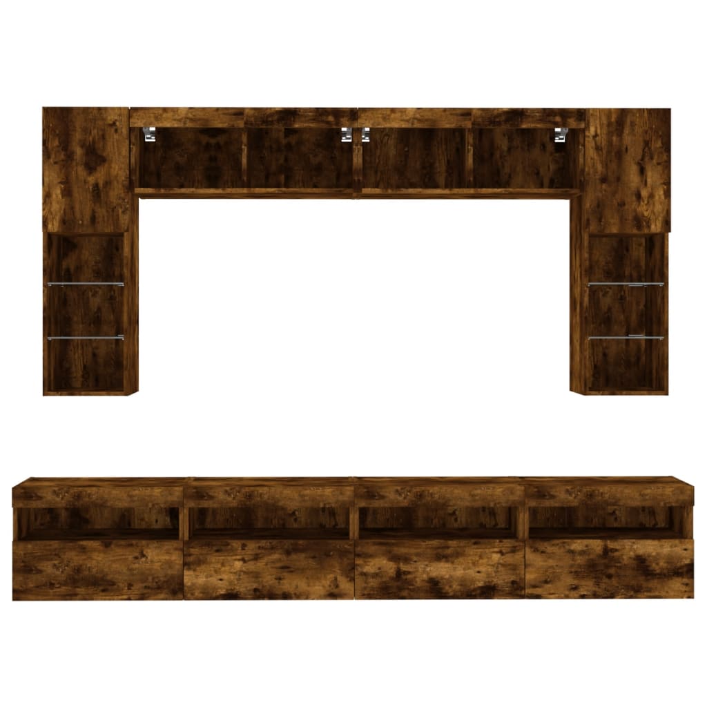 Set Mobili TV a Muro 8 pz con Luci LED Rovere Fumo