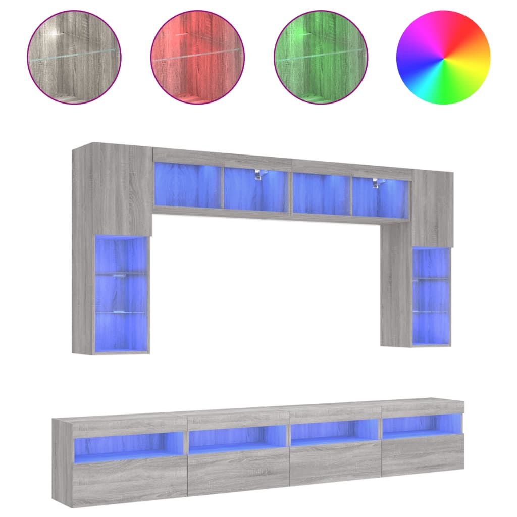 Set Mobili TV a Muro 8 pz con Luci LED Grigio Sonoma | homemem39
