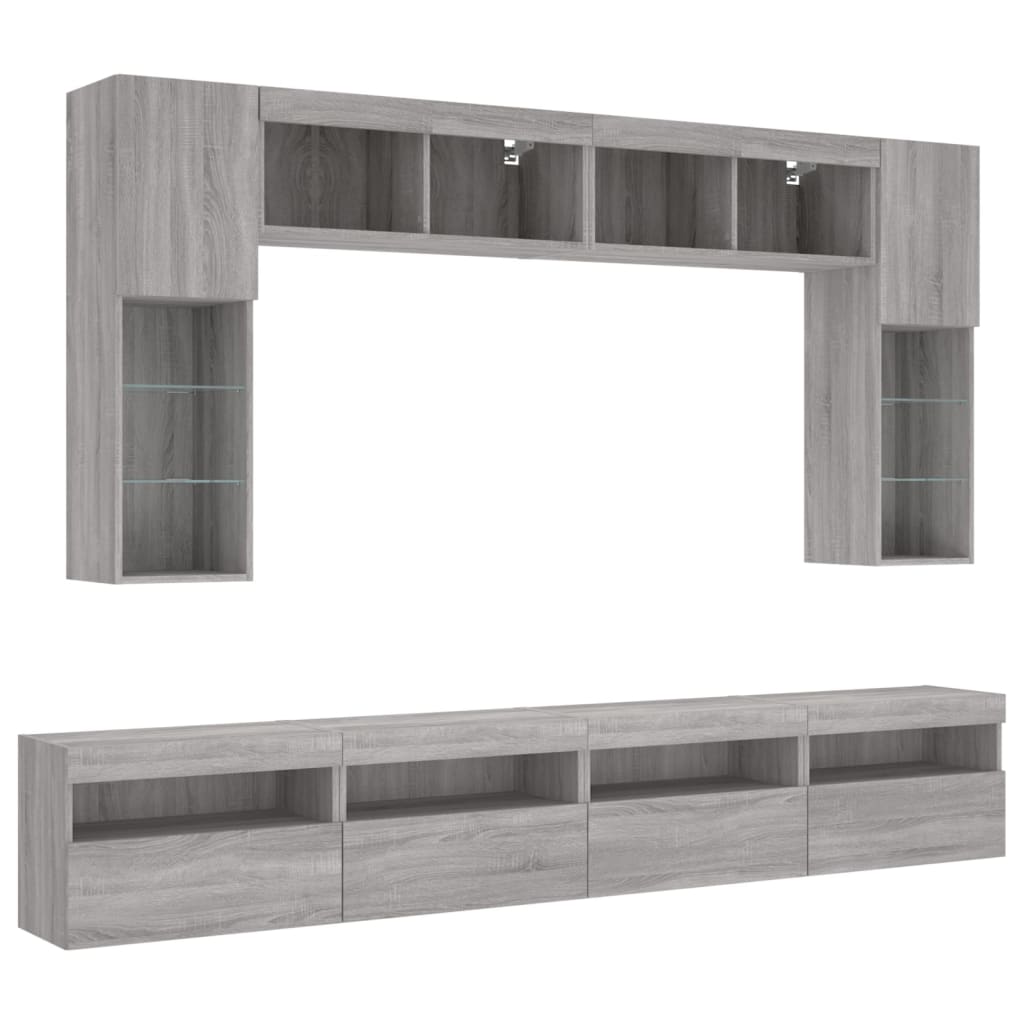 Set Mobili TV a Muro 8 pz con Luci LED Grigio Sonoma | homemem39
