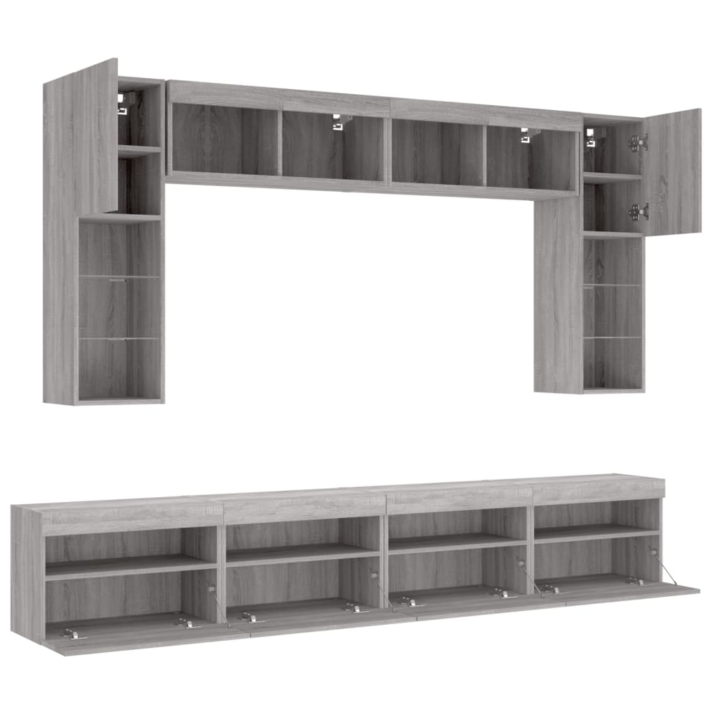 Set Mobili TV a Muro 8 pz con Luci LED Grigio Sonoma | homemem39