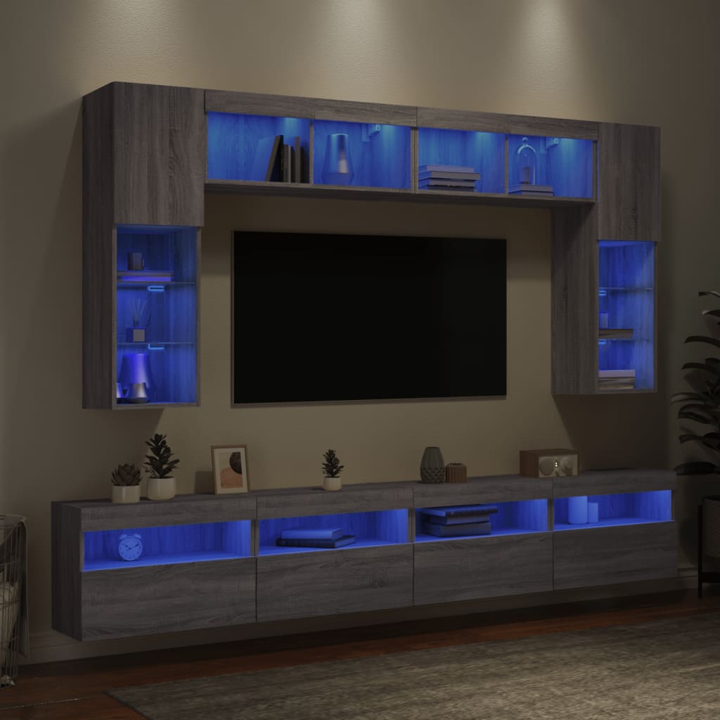 Set Mobili TV a Muro 8 pz con Luci LED Grigio Sonoma | homemem39