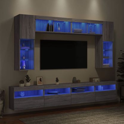 Set Mobili TV a Muro 8 pz con Luci LED Grigio Sonoma | homemem39