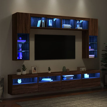 Set Mobili TV a Muro 8 pz con Luci LED Rovere Marrone