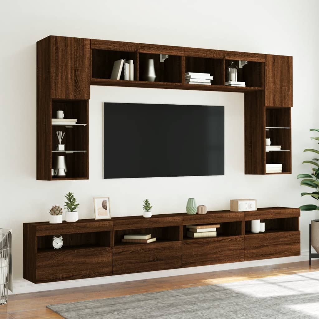 Set Mobili TV a Muro 8 pz con Luci LED Rovere Marrone